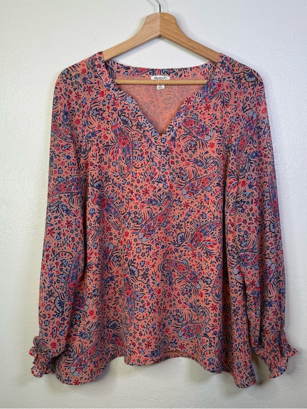 Westport Coral Pink Paisley Long Sleeve Blouse Size XLP Whimsy Boho Feminine